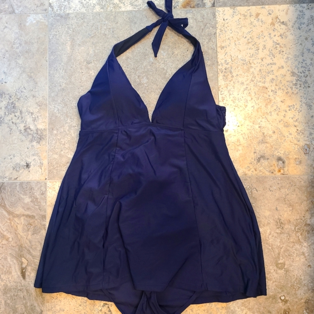 NWT Long Tall Sally Navy Blue Halter Skirted Swimsuit, US Size 12